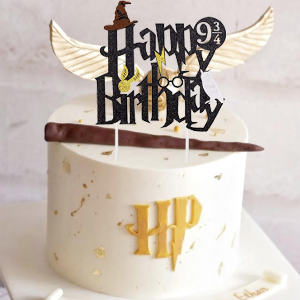 Hazyore Happy Birthday Glitter Cake Topper – Black Wizard Theme for Potter Parties