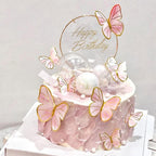 Hazyore Pink Butterfly Cake Toppers - 11pc Gold Metal Happy Birthday Topper Set for Cakes & Cupcakes
