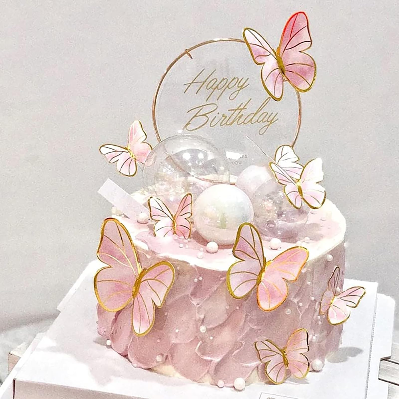 Hazyore Pink Butterfly Cake Toppers - 11pc Gold Metal Happy Birthday Topper Set for Cakes & Cupcakes