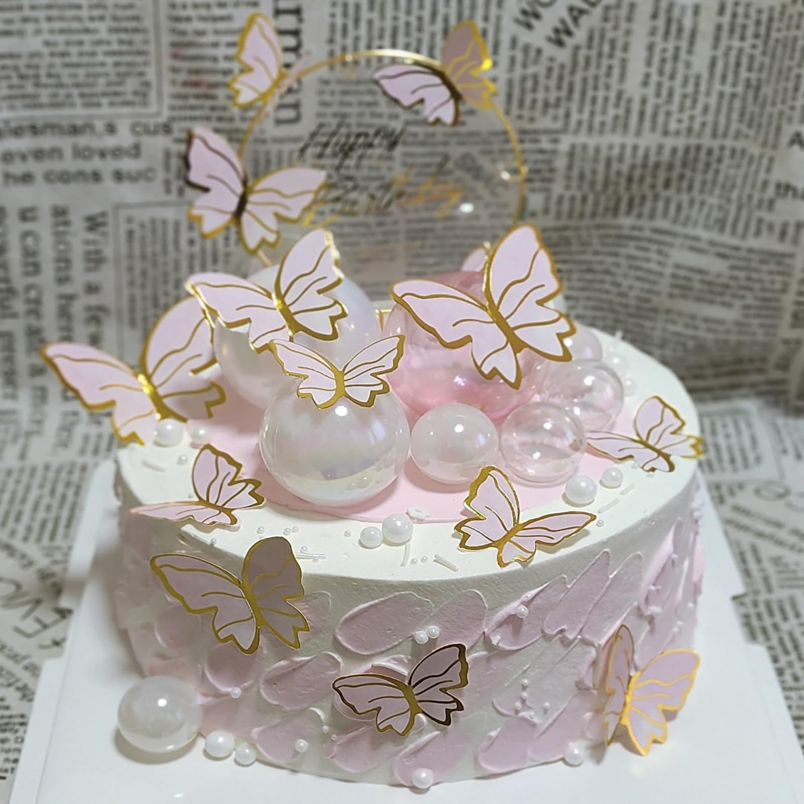 Hazyore Pink Butterfly Cake Toppers - 11pc Gold Metal Happy Birthday Topper Set for Cakes & Cupcakes