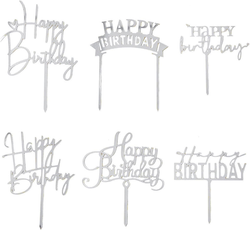 Hazyore Silvery Acrylic Birthday Cake Toppers – 6pcs Happy Birthday Letters