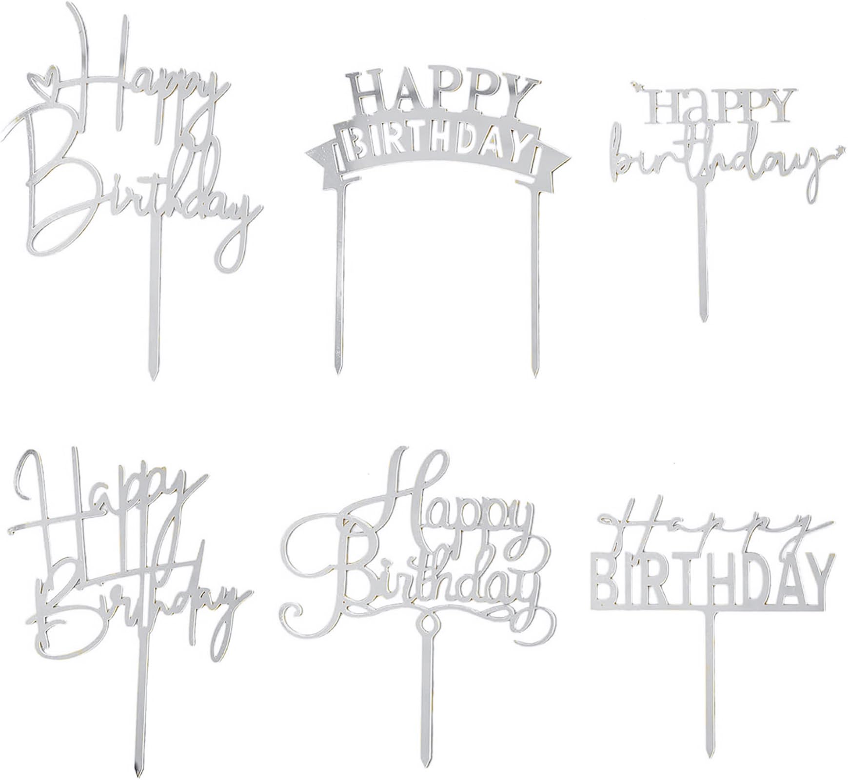 Hazyore Silvery Acrylic Birthday Cake Toppers – 6pcs Happy Birthday Letters