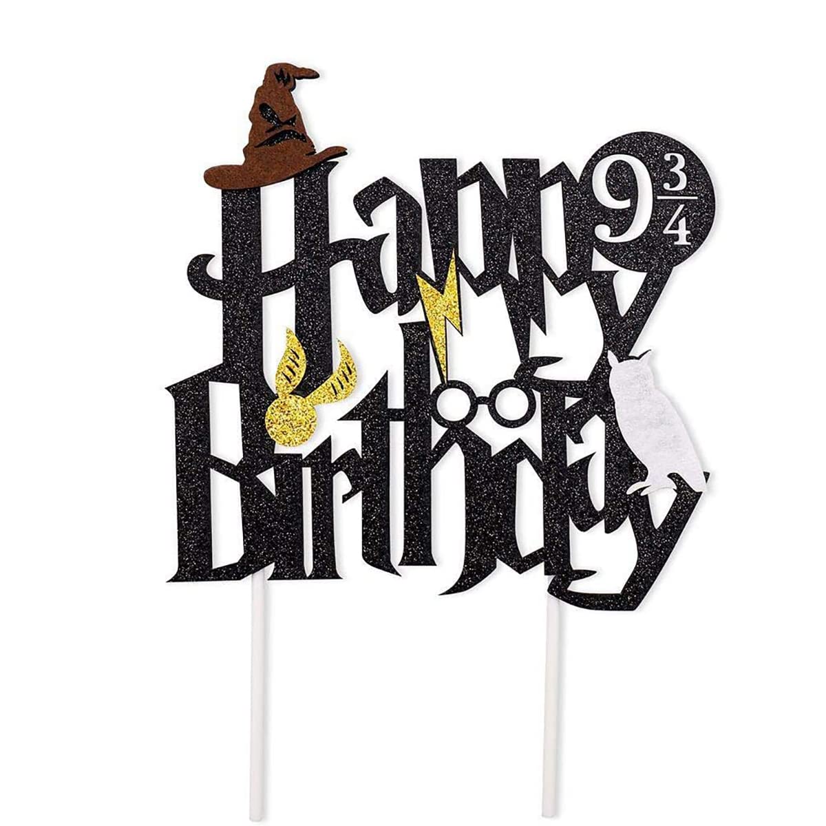 Hazyore Happy Birthday Glitter Cake Topper – Black Wizard Theme for Potter Parties