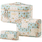 HBselect Quilted Makeup Bag Set – 3PCS Cotton Large Travel Cosmetic Bags with Floral Coquette Design