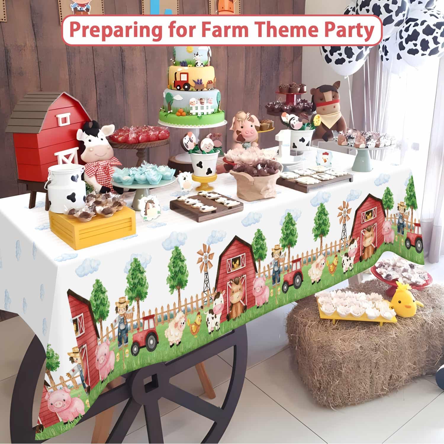 Heboland Farm Animal Tablecloth 3-Piece Set, 54 x 108 in — Barnyard Party Essentials