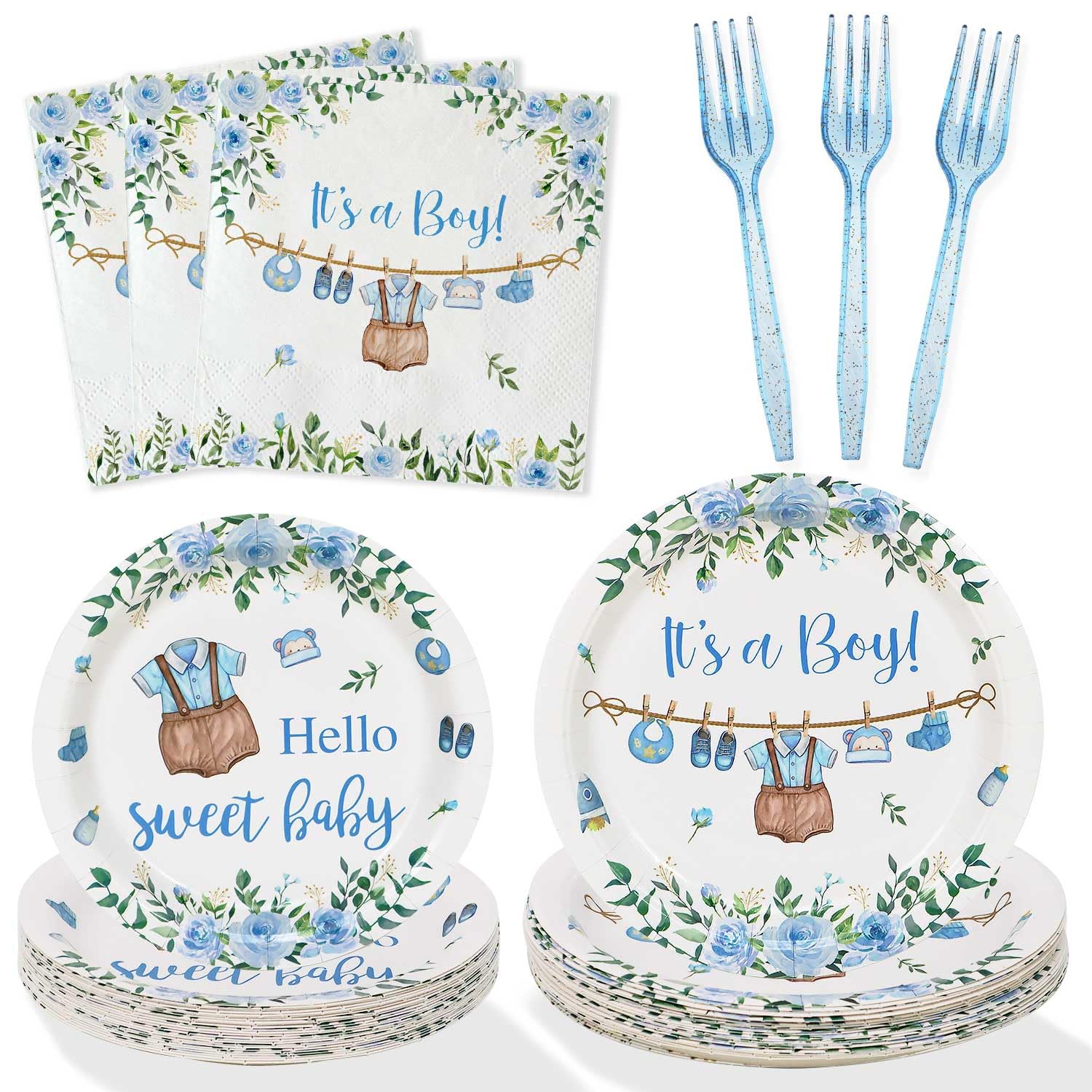 Heboland Blue Boy Baby Shower Plates Set – 100 Pcs for 25 Guests | It’s a Boy Tableware