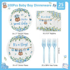 Heboland Blue Boy Baby Shower Plates Set – 100 Pcs for 25 Guests | It’s a Boy Tableware