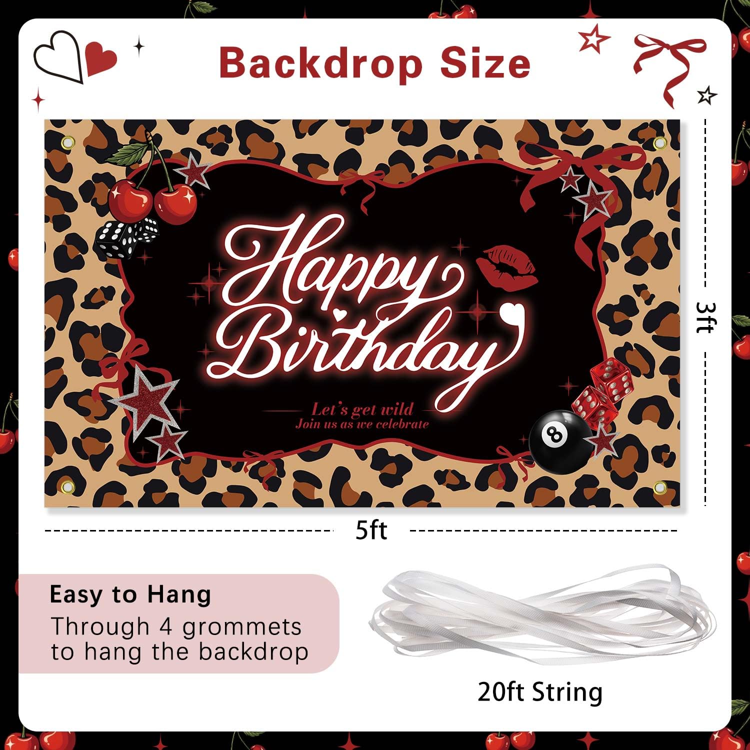 Heboland Red Cheetah Backdrop 3x5ft – Cherry Leopard Birthday Banner for Photo Booth