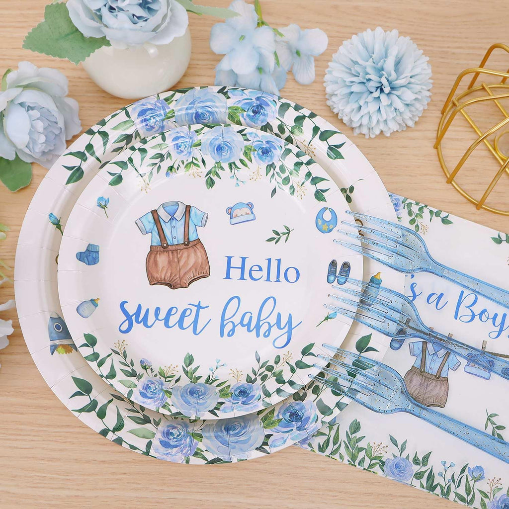 Heboland Blue Boy Baby Shower Plates Set – 100 Pcs for 25 Guests | It’s a Boy Tableware