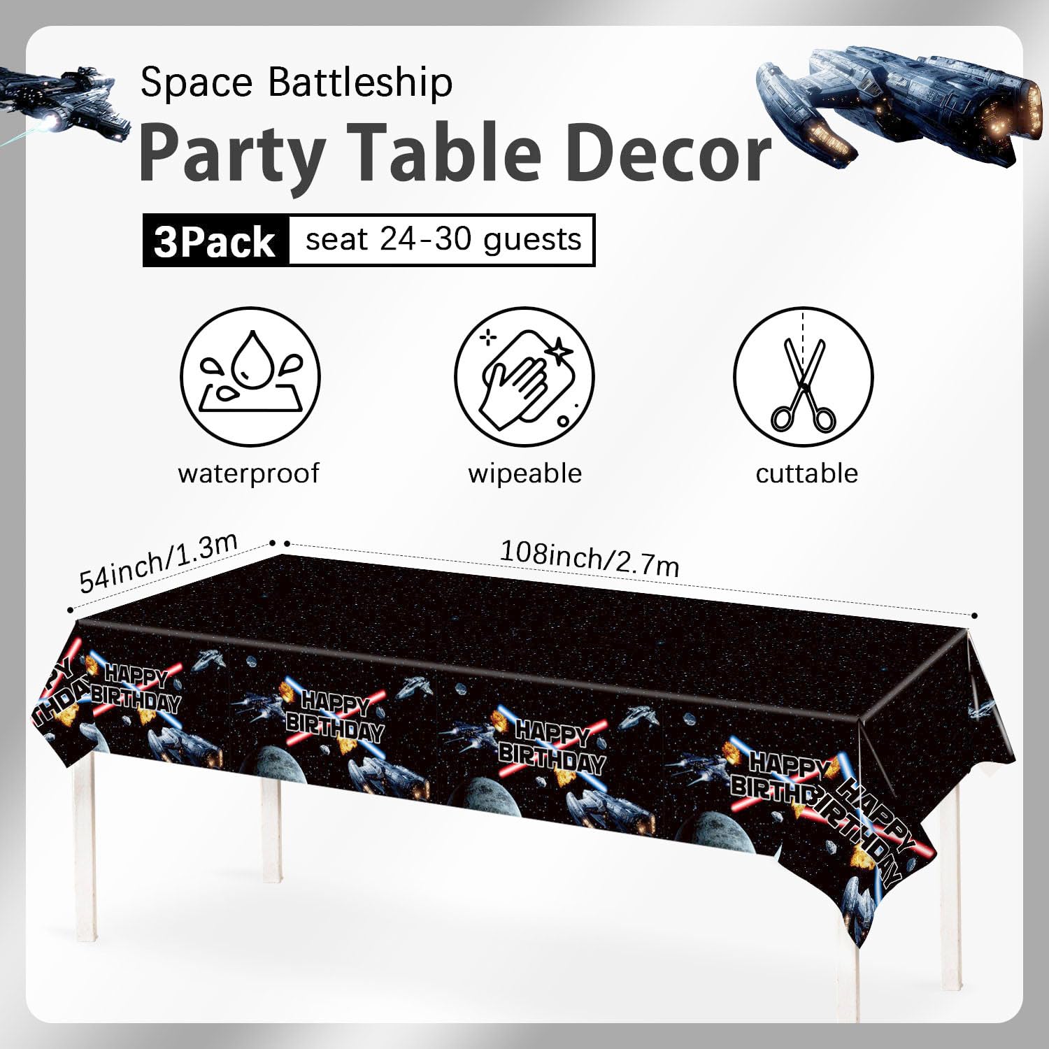 Heboland 3-Piece Space Battleship Tablecloth Set – 54 x 108 in Galaxy Starship Birthday Decorations