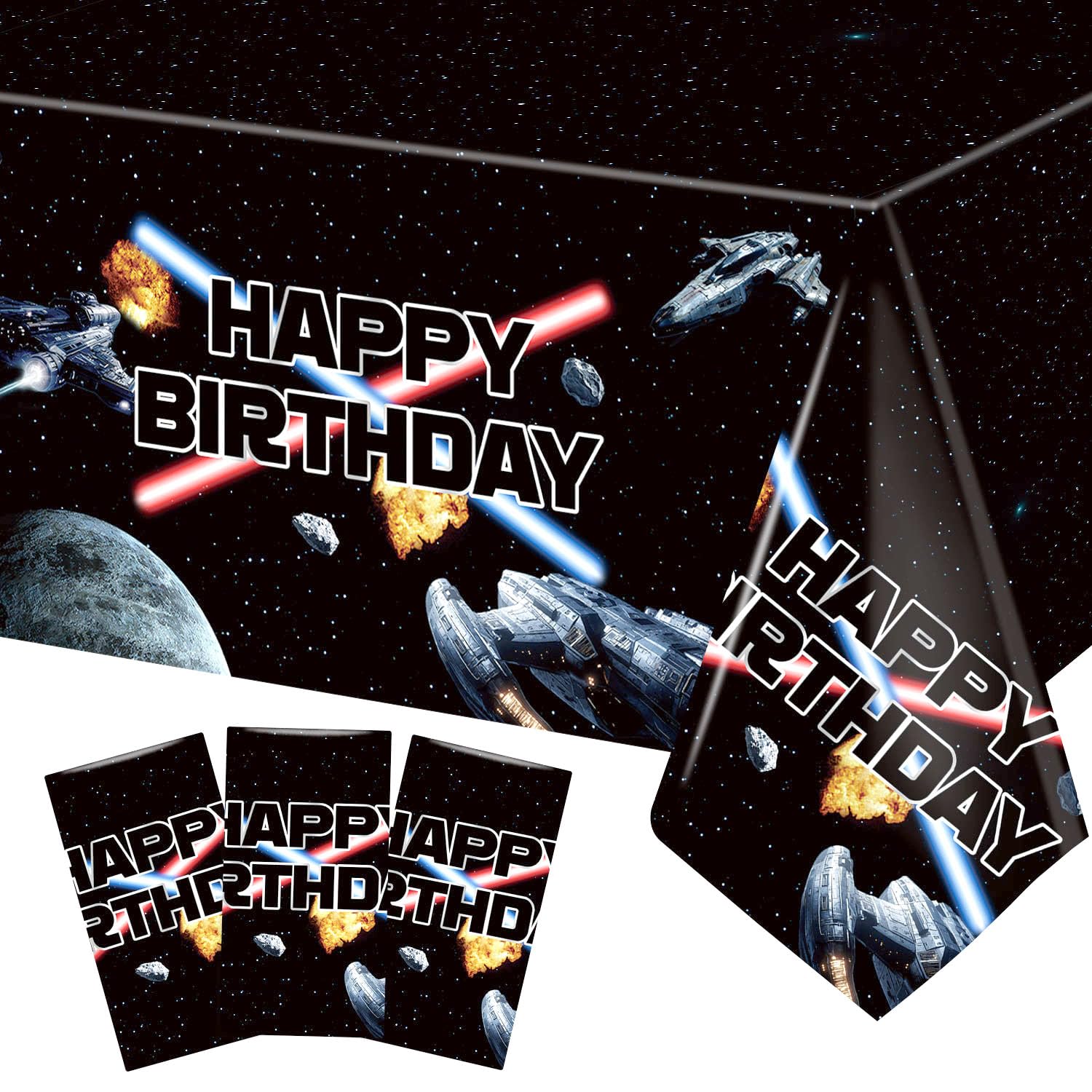 Heboland 3-Piece Space Battleship Tablecloth Set – 54 x 108 in Galaxy Starship Birthday Decorations
