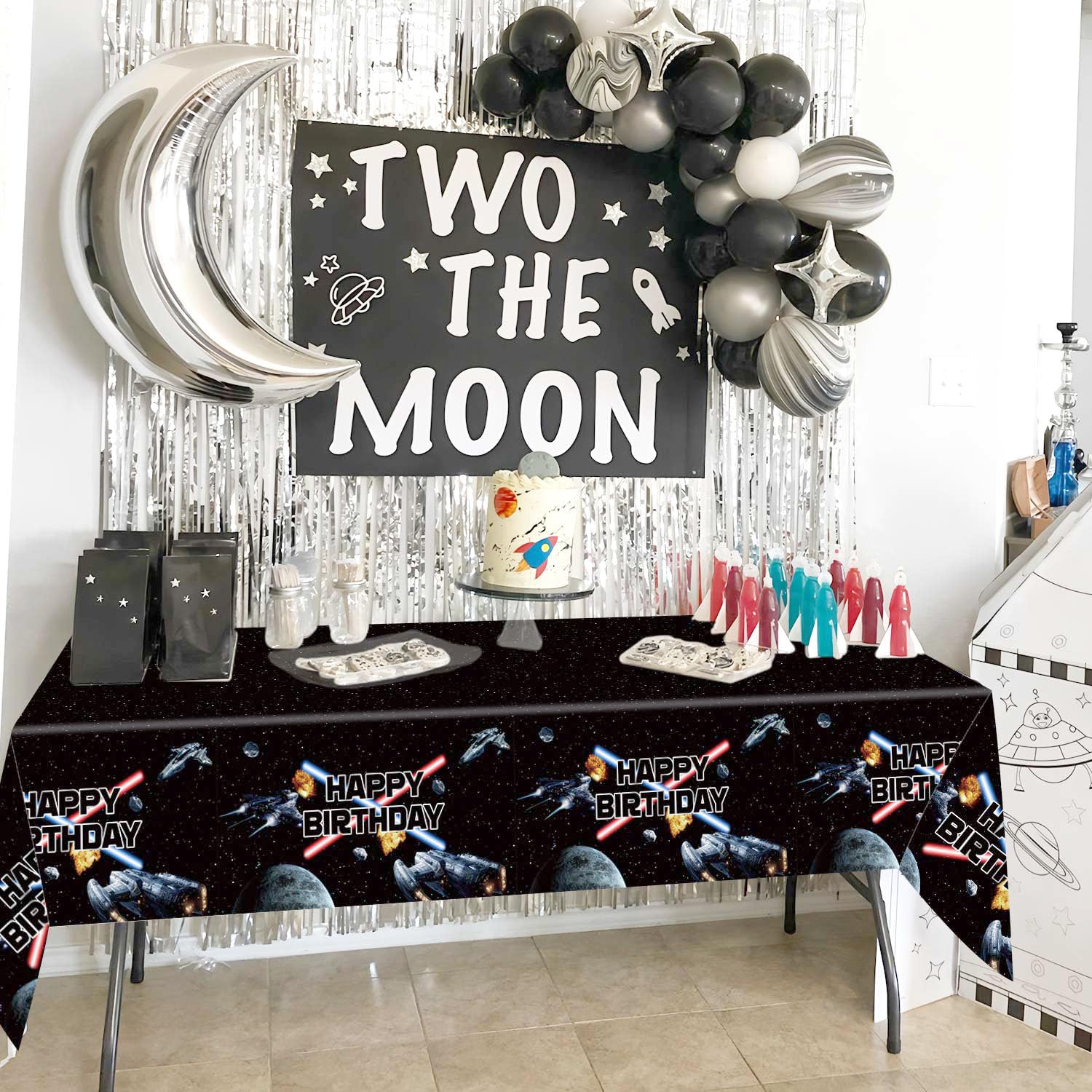 Heboland 3-Piece Space Battleship Tablecloth Set – 54 x 108 in Galaxy Starship Birthday Decorations