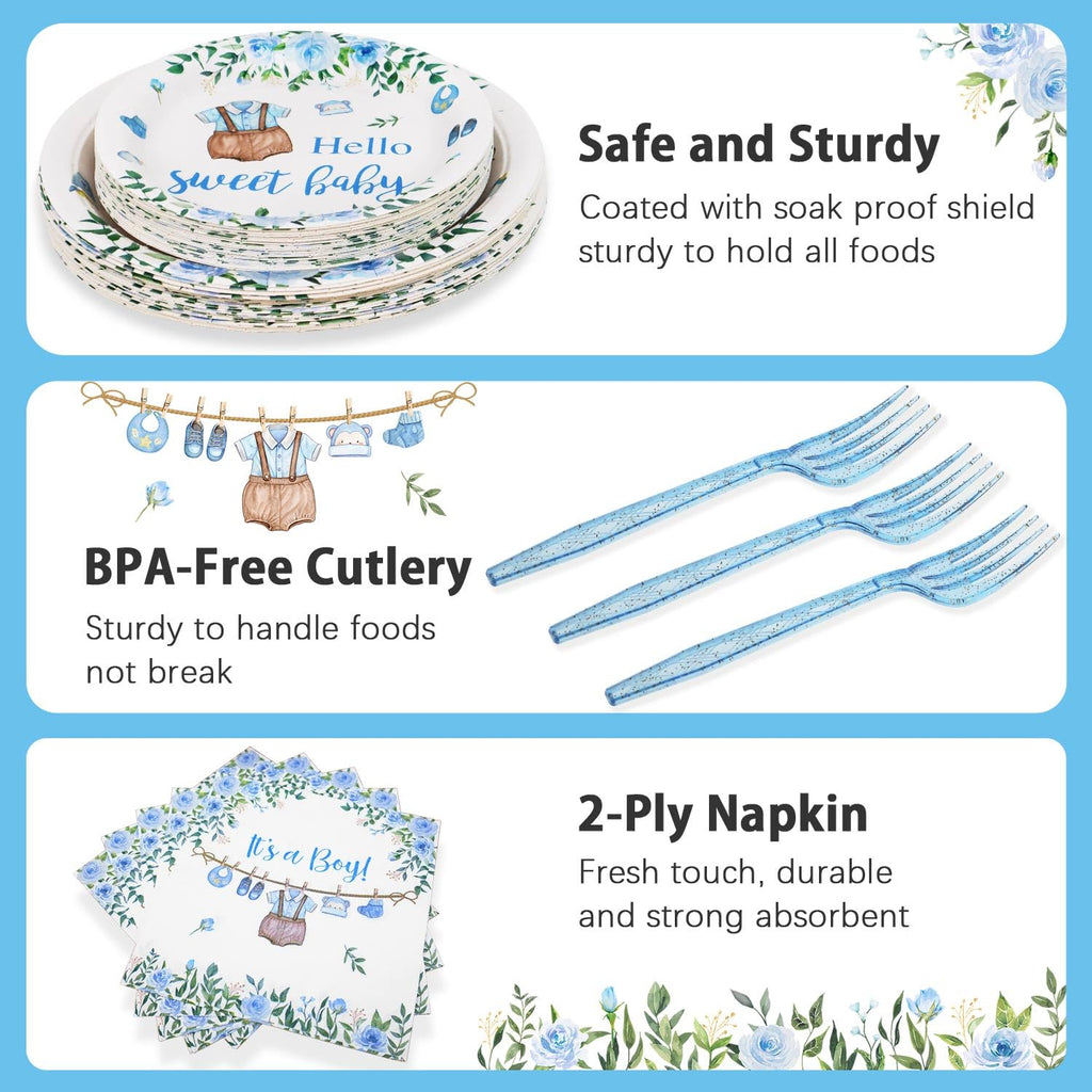 Heboland Blue Boy Baby Shower Plates Set – 100 Pcs for 25 Guests | It’s a Boy Tableware