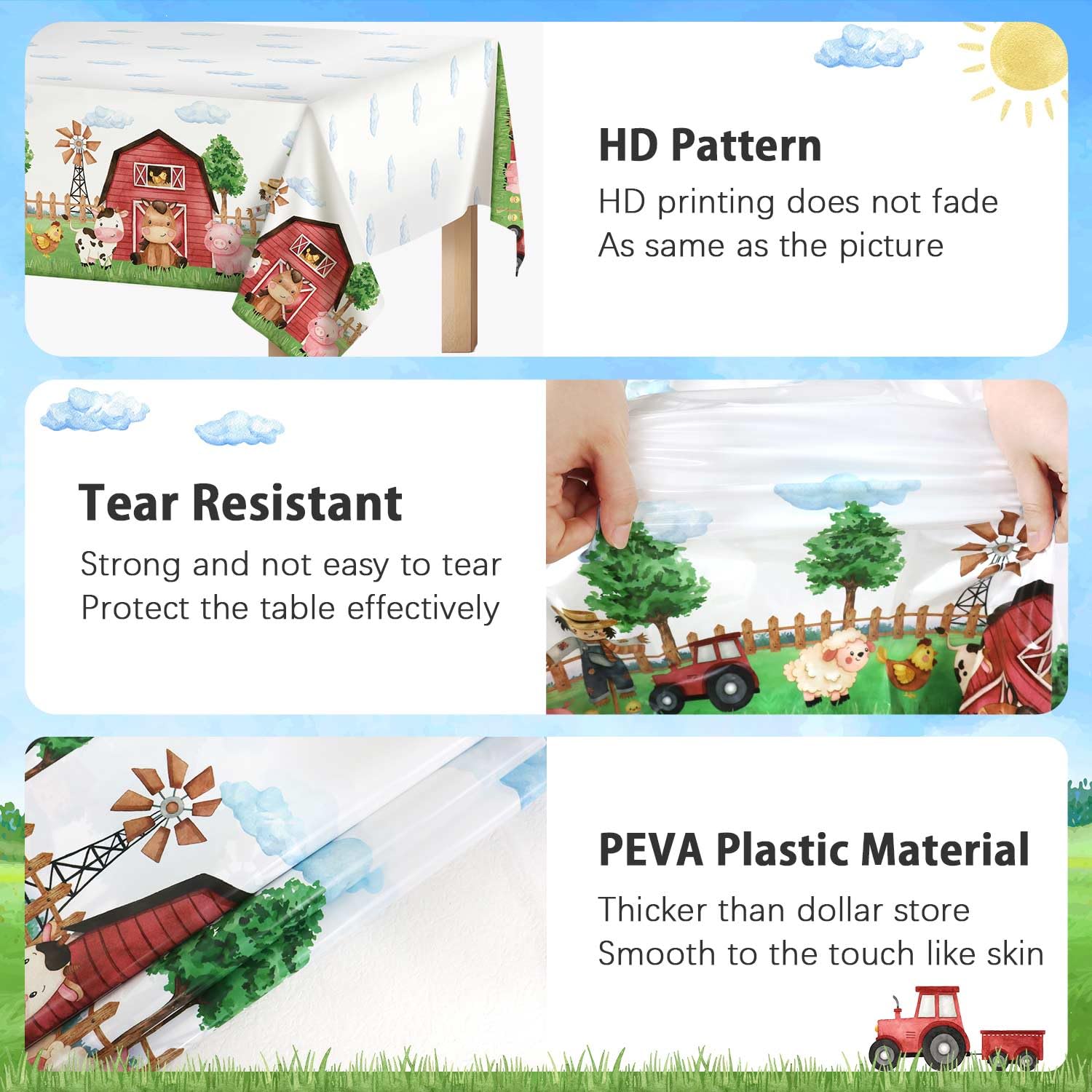 Heboland Farm Animal Tablecloth 3-Piece Set, 54 x 108 in — Barnyard Party Essentials