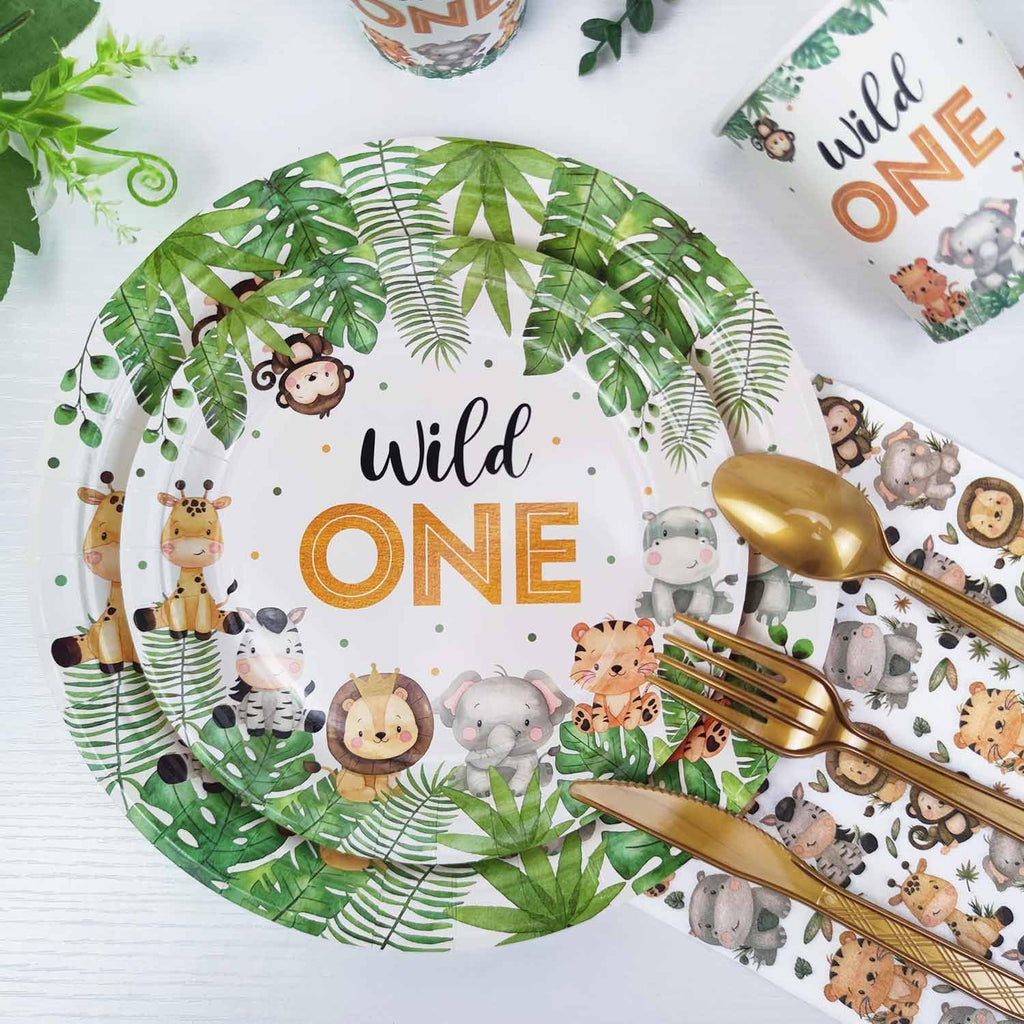 Heboland 175 Pcs Wild One Safari Birthday Party Supplies – Plates, Cups, Napkins & Cutlery for 25 Guests