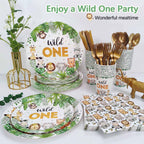 Heboland 175 Pcs Wild One Safari Birthday Party Supplies – Plates, Cups, Napkins & Cutlery for 25 Guests