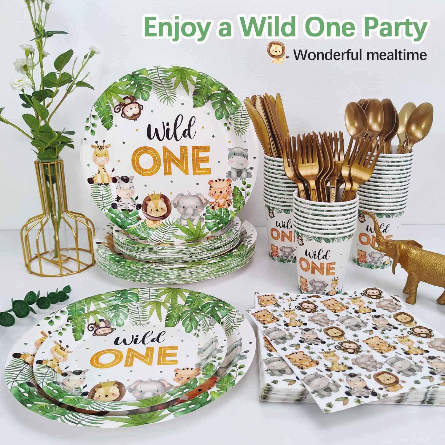 Heboland 175 Pcs Wild One Safari Birthday Party Supplies – Plates, Cups, Napkins & Cutlery for 25 Guests