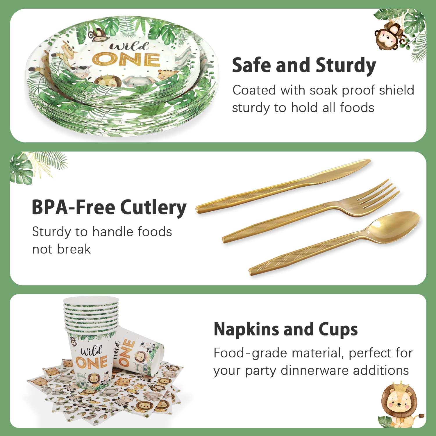 Heboland 175 Pcs Wild One Safari Birthday Party Supplies – Plates, Cups, Napkins & Cutlery for 25 Guests
