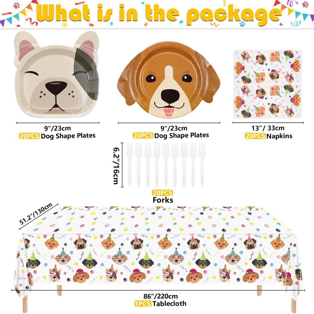 Hegbolke 81 Pcs Dog Party Decorations – Plates, Napkins, Puppy Tablecloth & Black Forks | Kid Puppy Themed Birthday Party Supplies, Serves 20
