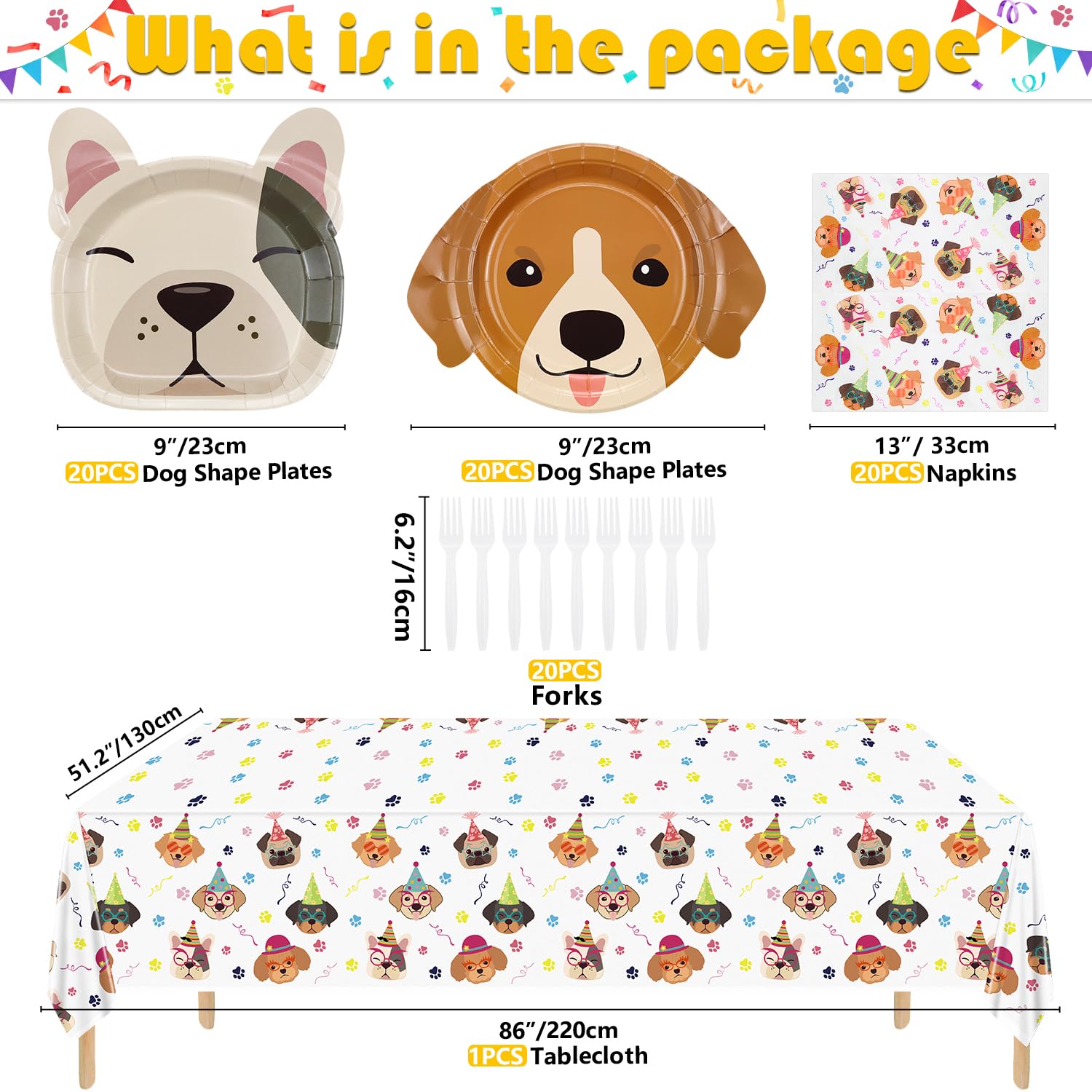 Hegbolke 81 Pcs Dog Party Decorations – Plates, Napkins, Puppy Tablecloth & Black Forks | Kid Puppy Themed Birthday Party Supplies, Serves 20