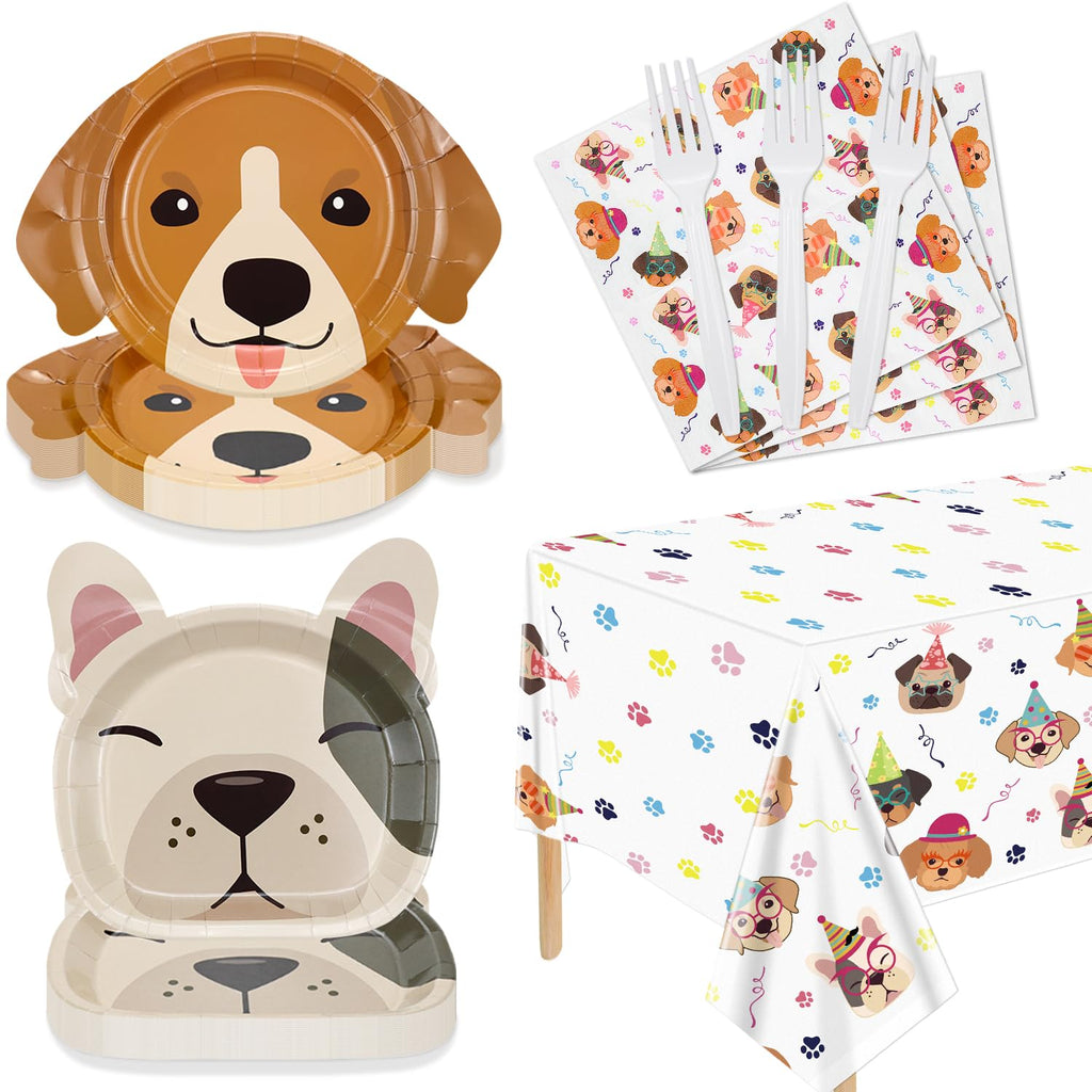 Hegbolke 81 Pcs Dog Party Decorations – Plates, Napkins, Puppy Tablecloth & Black Forks | Kid Puppy Themed Birthday Party Supplies, Serves 20