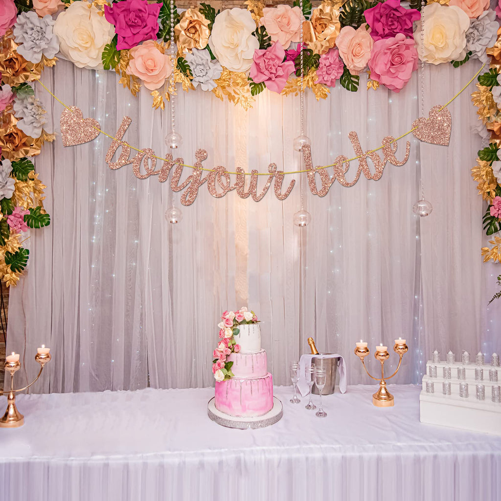 Helewilk Rose Gold Glitter Bonjour Bebe Banner – French Theme Baby Shower