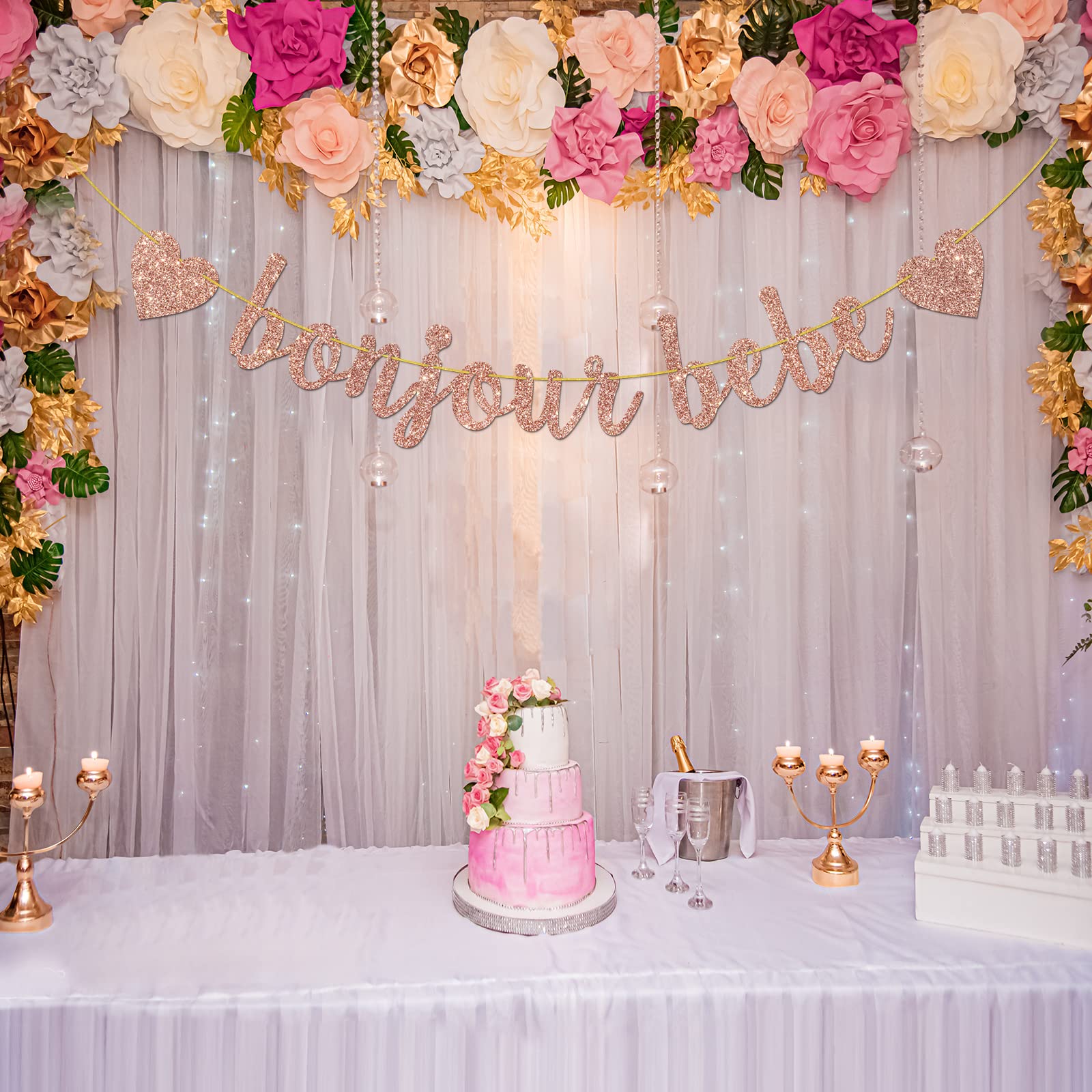 Helewilk Rose Gold Glitter Bonjour Bebe Banner – French Theme Baby Shower