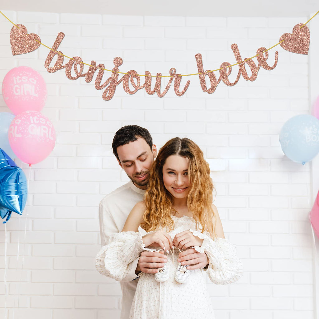 Helewilk Rose Gold Glitter Bonjour Bebe Banner – French Theme Baby Shower