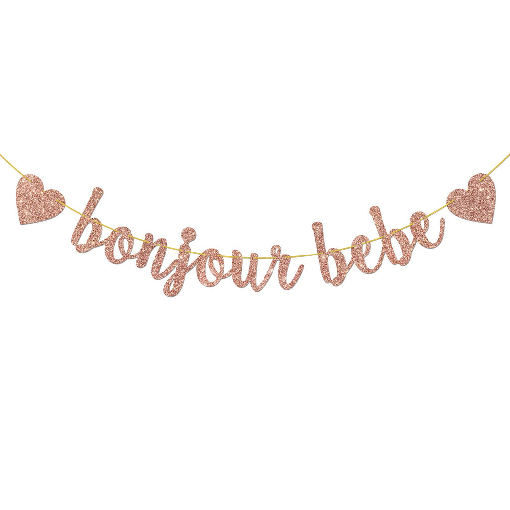 Helewilk Rose Gold Glitter Bonjour Bebe Banner – French Theme Baby Shower
