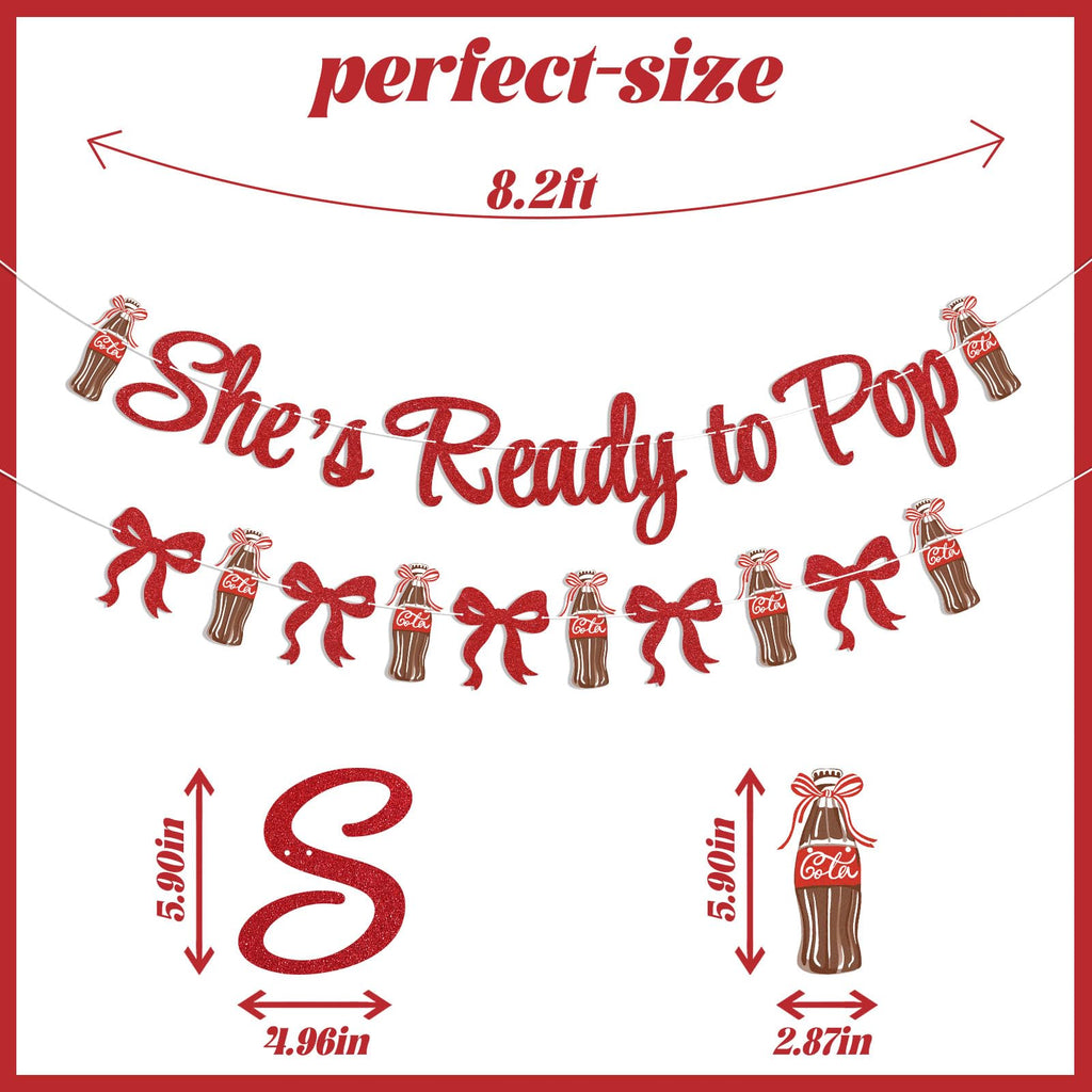 Hemicha She's Ready to Pop Banner - Retro Soda Fountain Baby Shower Decor, Red Glitter