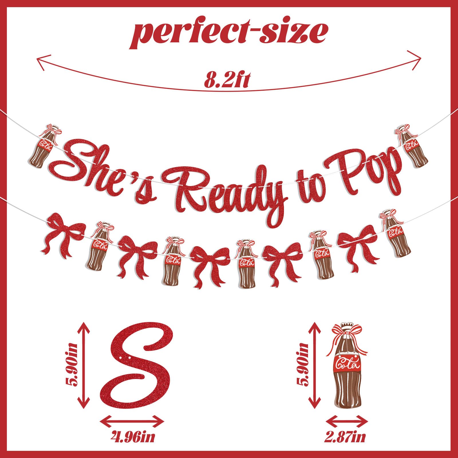 Hemicha She's Ready to Pop Banner - Retro Soda Fountain Baby Shower Decor, Red Glitter