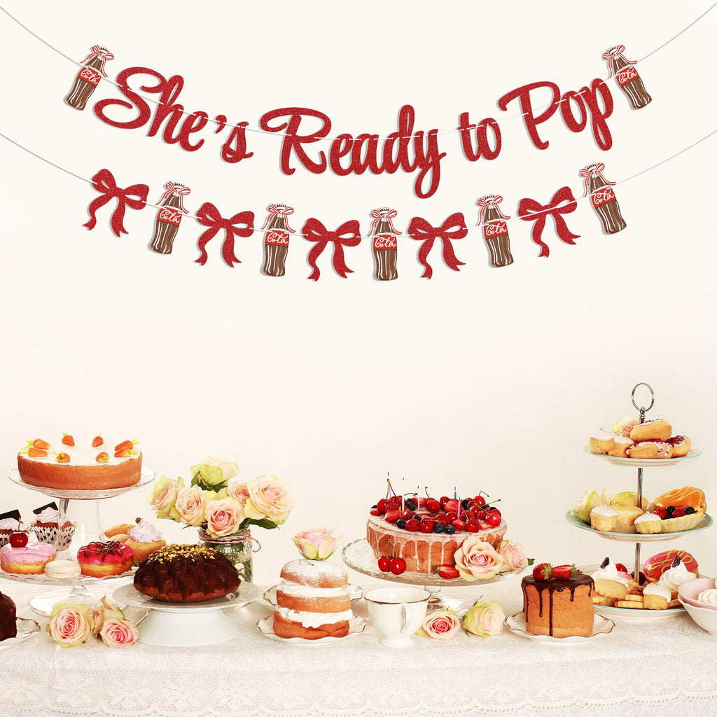 Hemicha She's Ready to Pop Banner - Retro Soda Fountain Baby Shower Decor, Red Glitter