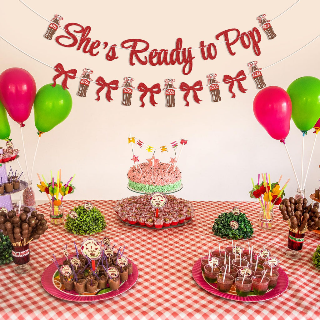 Hemicha She's Ready to Pop Banner - Retro Soda Fountain Baby Shower Decor, Red Glitter