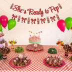 Hemicha She's Ready to Pop Banner - Retro Soda Fountain Baby Shower Decor, Red Glitter