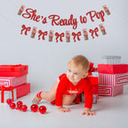 Hemicha She's Ready to Pop Banner - Retro Soda Fountain Baby Shower Decor, Red Glitter