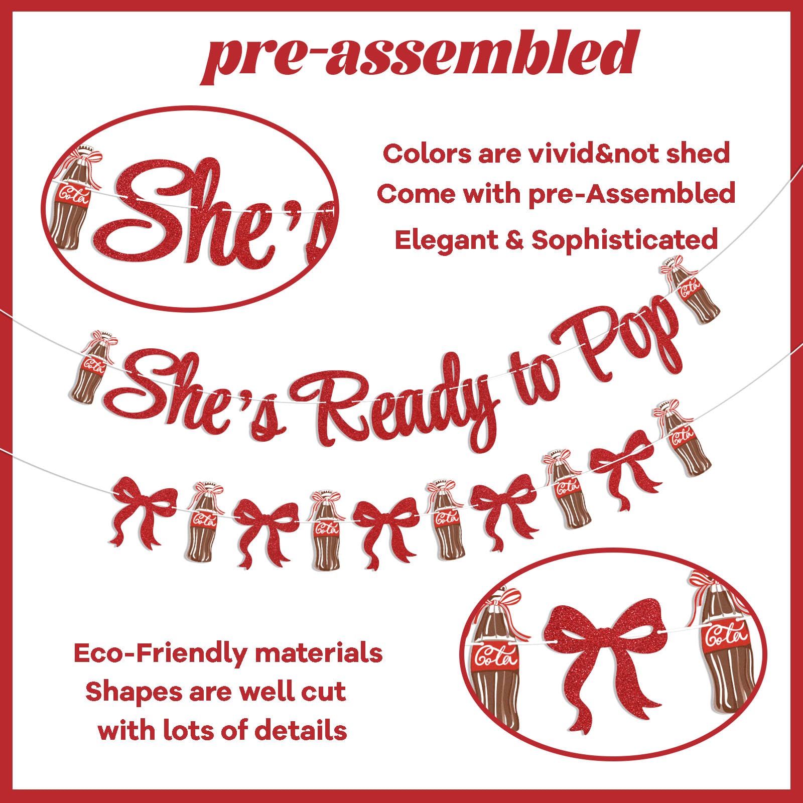 Hemicha She's Ready to Pop Banner - Retro Soda Fountain Baby Shower Decor, Red Glitter