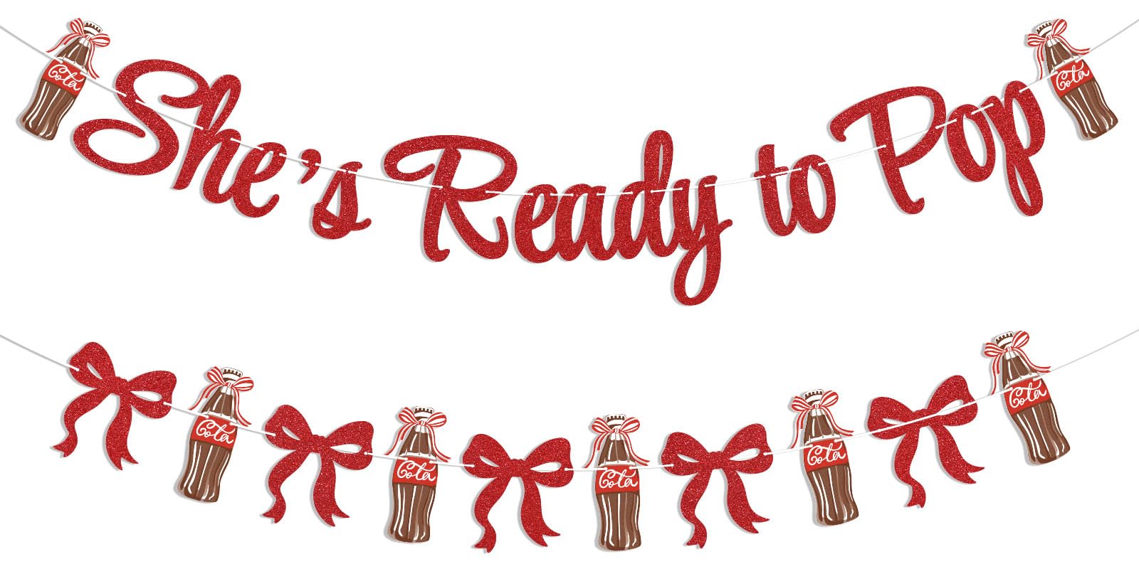 Hemicha She's Ready to Pop Banner - Retro Soda Fountain Baby Shower Decor, Red Glitter