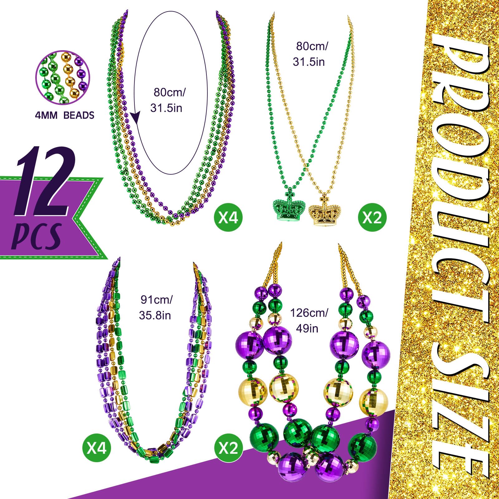 Henoyso 2-Set 50in Jumbo Mardi Gras Beads Necklaces – Lighted & Unlit Assorted Party Jewelry