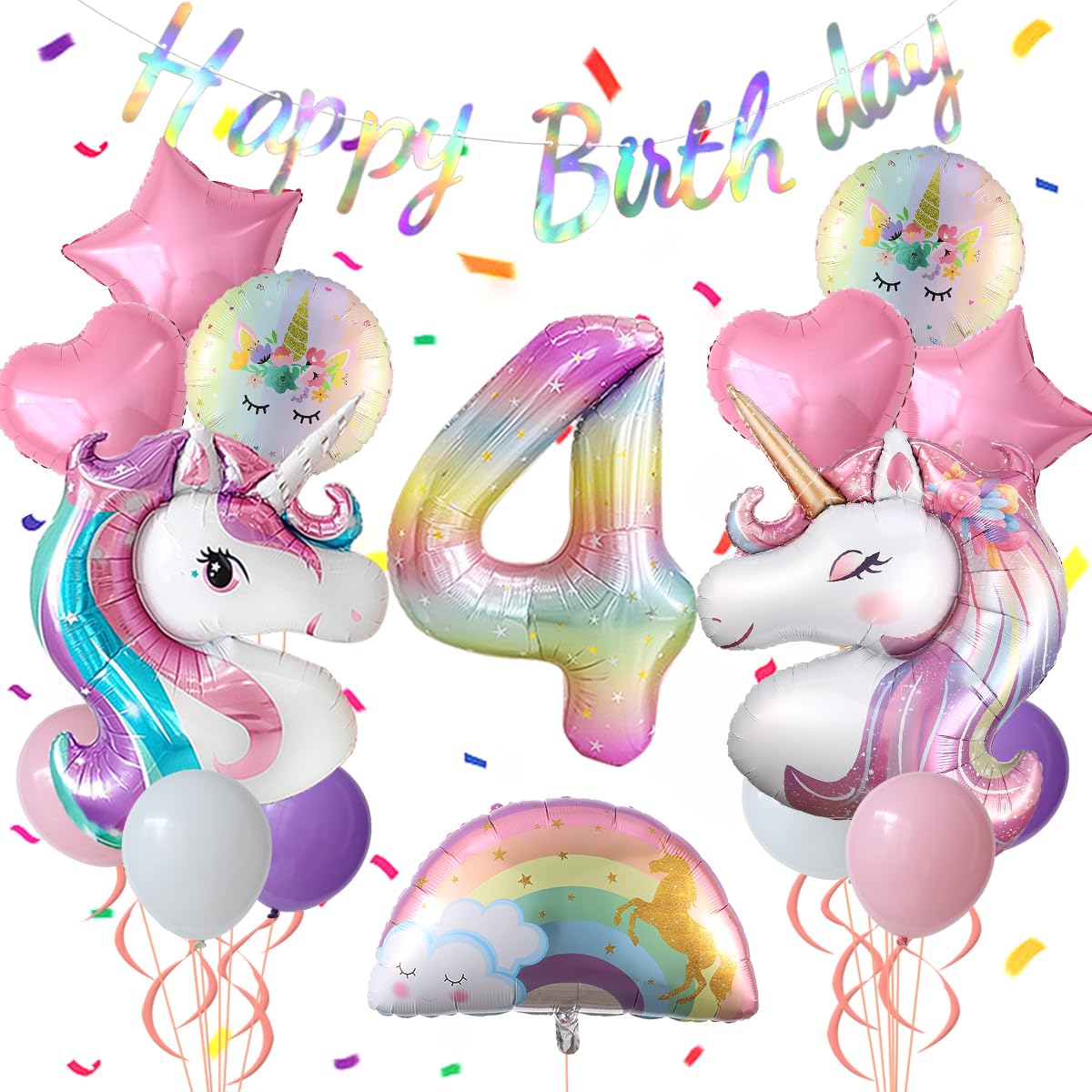 Heukikt Unicorn Party Decoration Set - 4th Birthday Balloons (Pink/Purple/Rainbow)