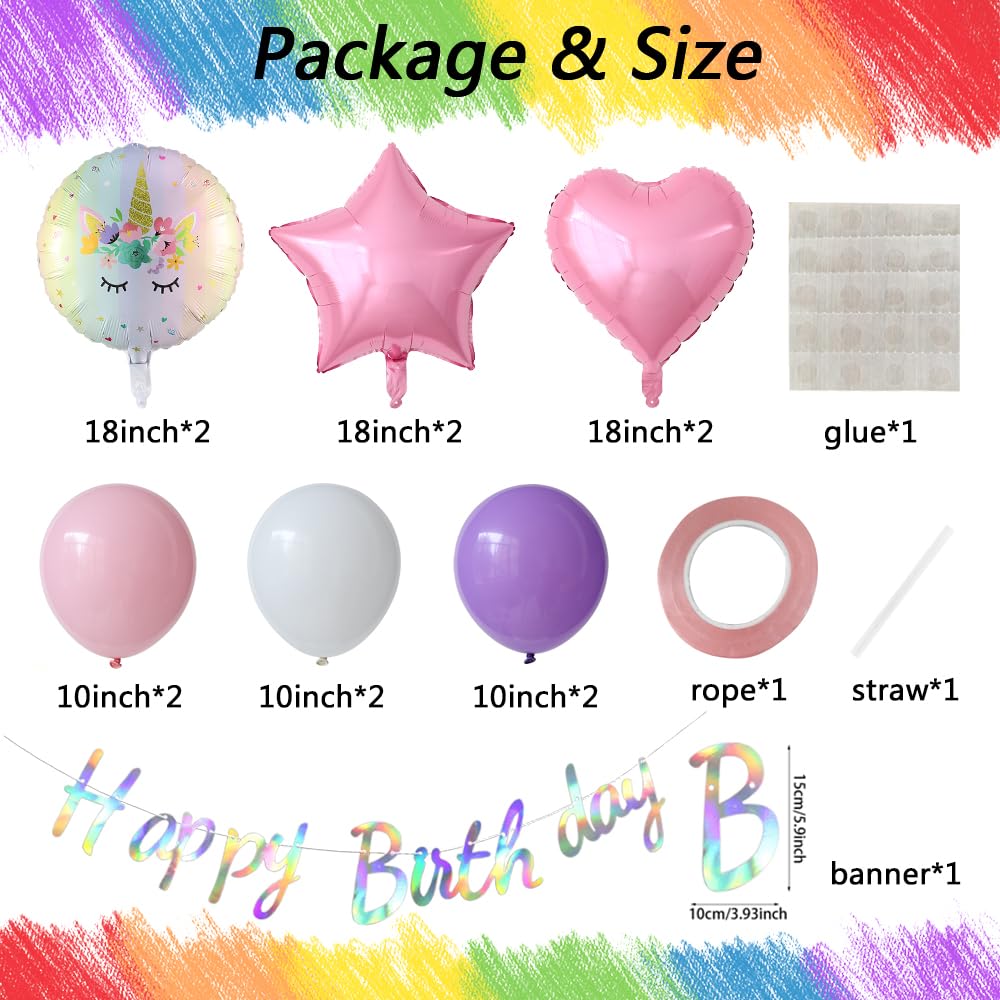 Heukikt Unicorn Party Decoration Set - 4th Birthday Balloons (Pink/Purple/Rainbow)