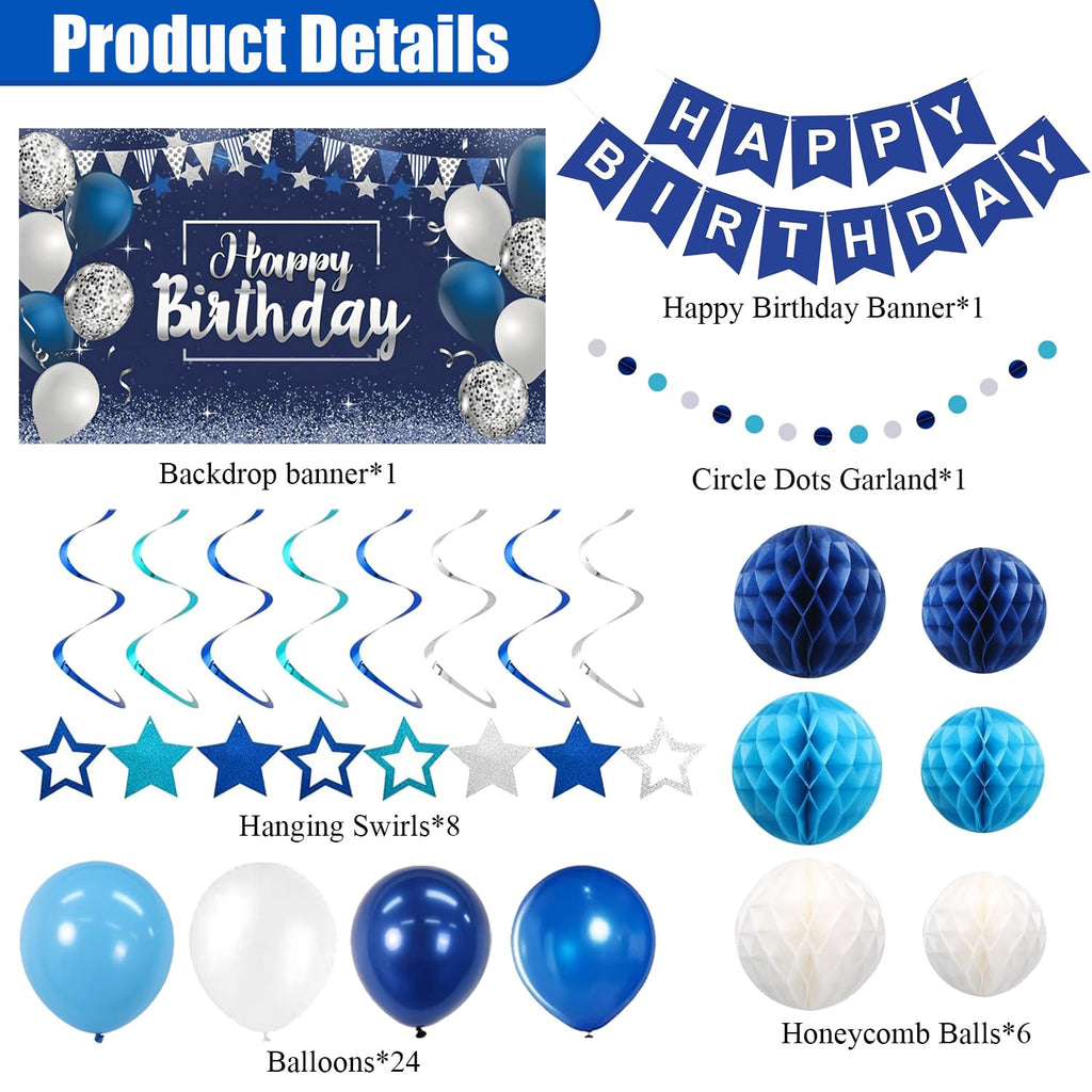 Blue Happy Birthday Decorations - 41 Pack Banner, Backdrop, Balloons | HEWUAUL
