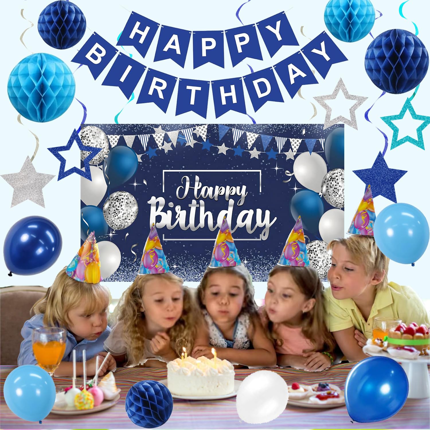 Blue Happy Birthday Decorations - 41 Pack Banner, Backdrop, Balloons | HEWUAUL
