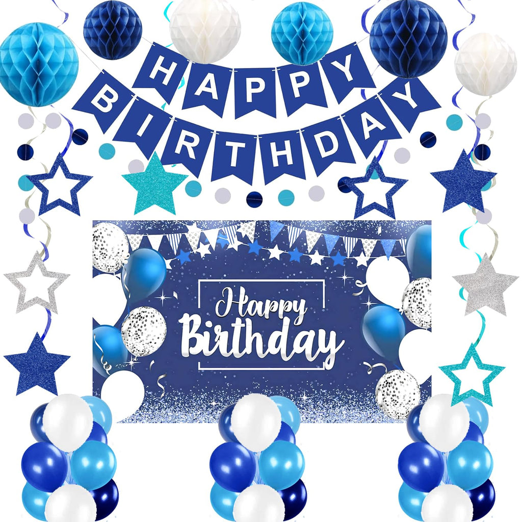 Blue Happy Birthday Decorations - 41 Pack Banner, Backdrop, Balloons | HEWUAUL