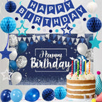 Blue Happy Birthday Decorations - 41 Pack Banner, Backdrop, Balloons | HEWUAUL