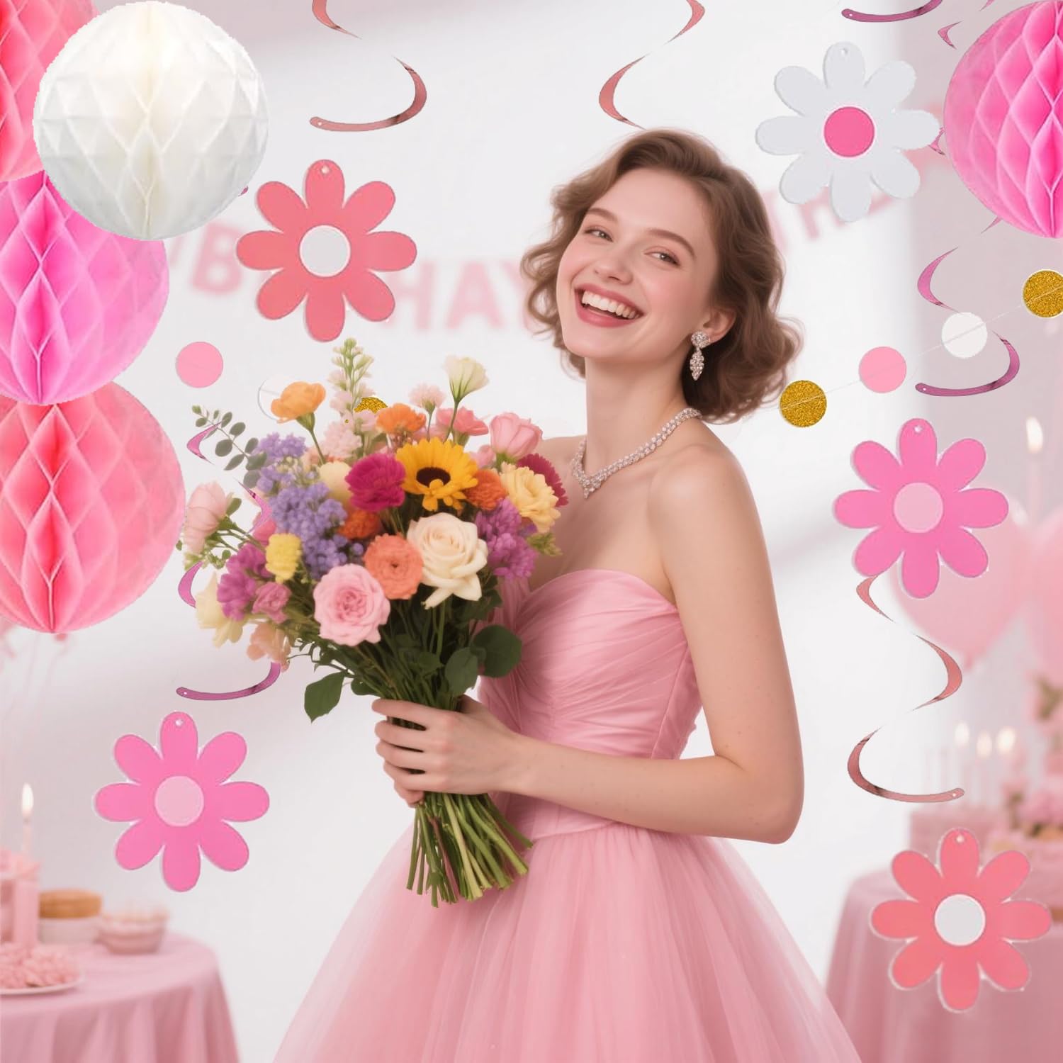 HEWUAUL Pre-Strung Pink Birthday Decorations Kit for Women – Backdrop, Balloons & Glitter Banner