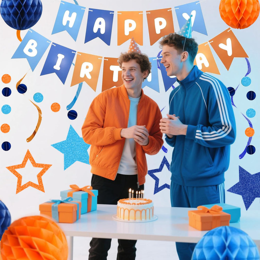 HEWUAUL Pre-Strung Happy Birthday Banner Kit – Orange & Blue Decorations