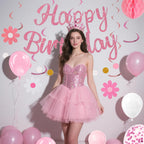 HEWUAUL Pre-Strung Pink Birthday Decorations Kit for Women – Backdrop, Balloons & Glitter Banner