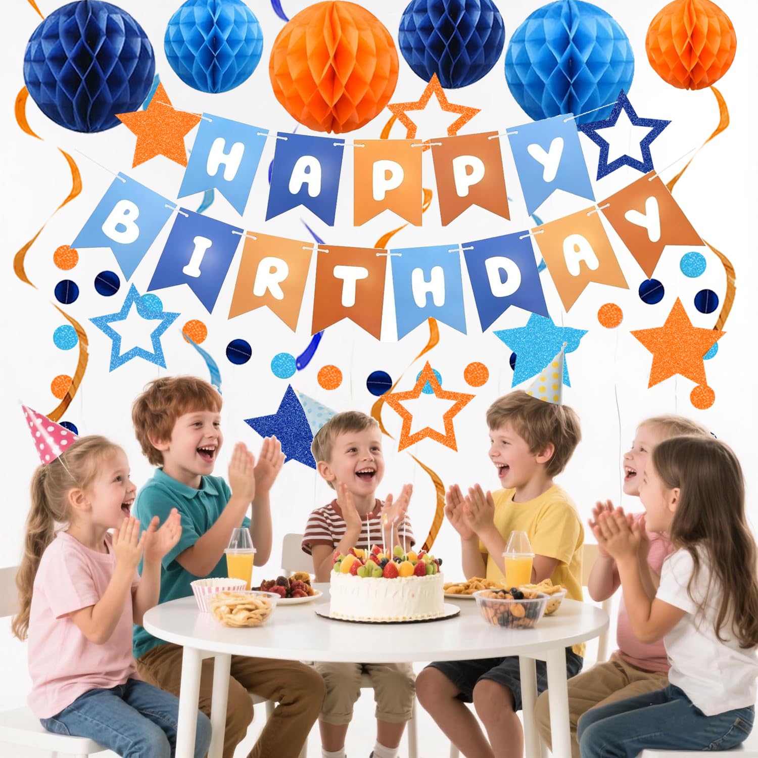 HEWUAUL Pre-Strung Happy Birthday Banner Kit – Orange & Blue Decorations