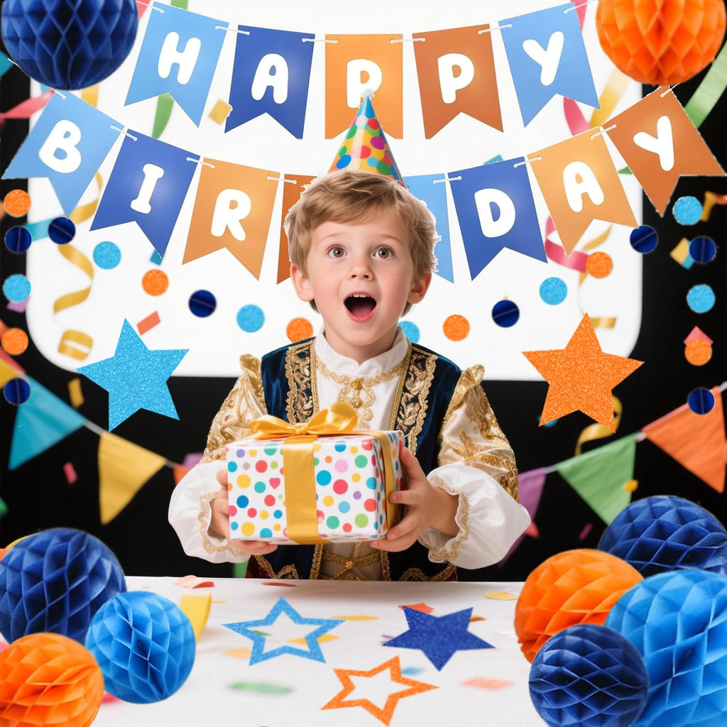 HEWUAUL Pre-Strung Happy Birthday Banner Kit – Orange & Blue Decorations