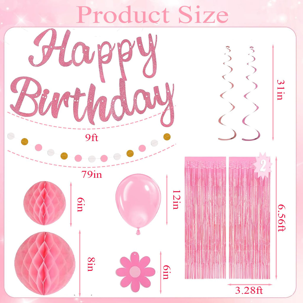 HEWUAUL Pre-Strung Pink Birthday Decorations Kit for Women – Backdrop, Balloons & Glitter Banner